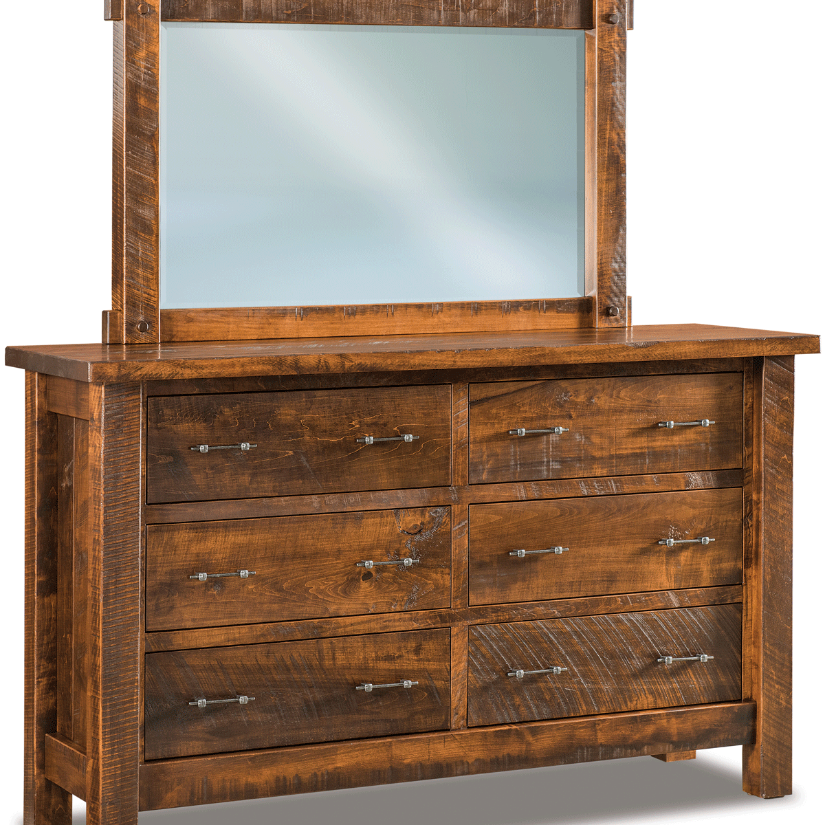 Amish Houston Rustic 6-Drawer Dresser with Mirror in Brown Maple   AmishOutletStore