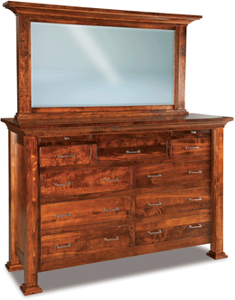 Amish J&R Empire 9 Drawer Dresser with Arched Drawer and Mirror