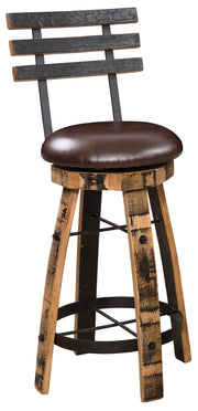 Amish Rustic Barrel Swivel Barstool with Back & Cushions